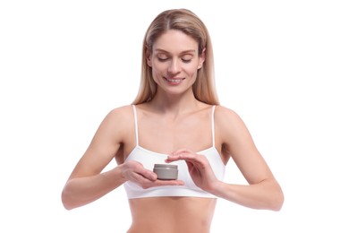 Woman with jar of body cream on white background