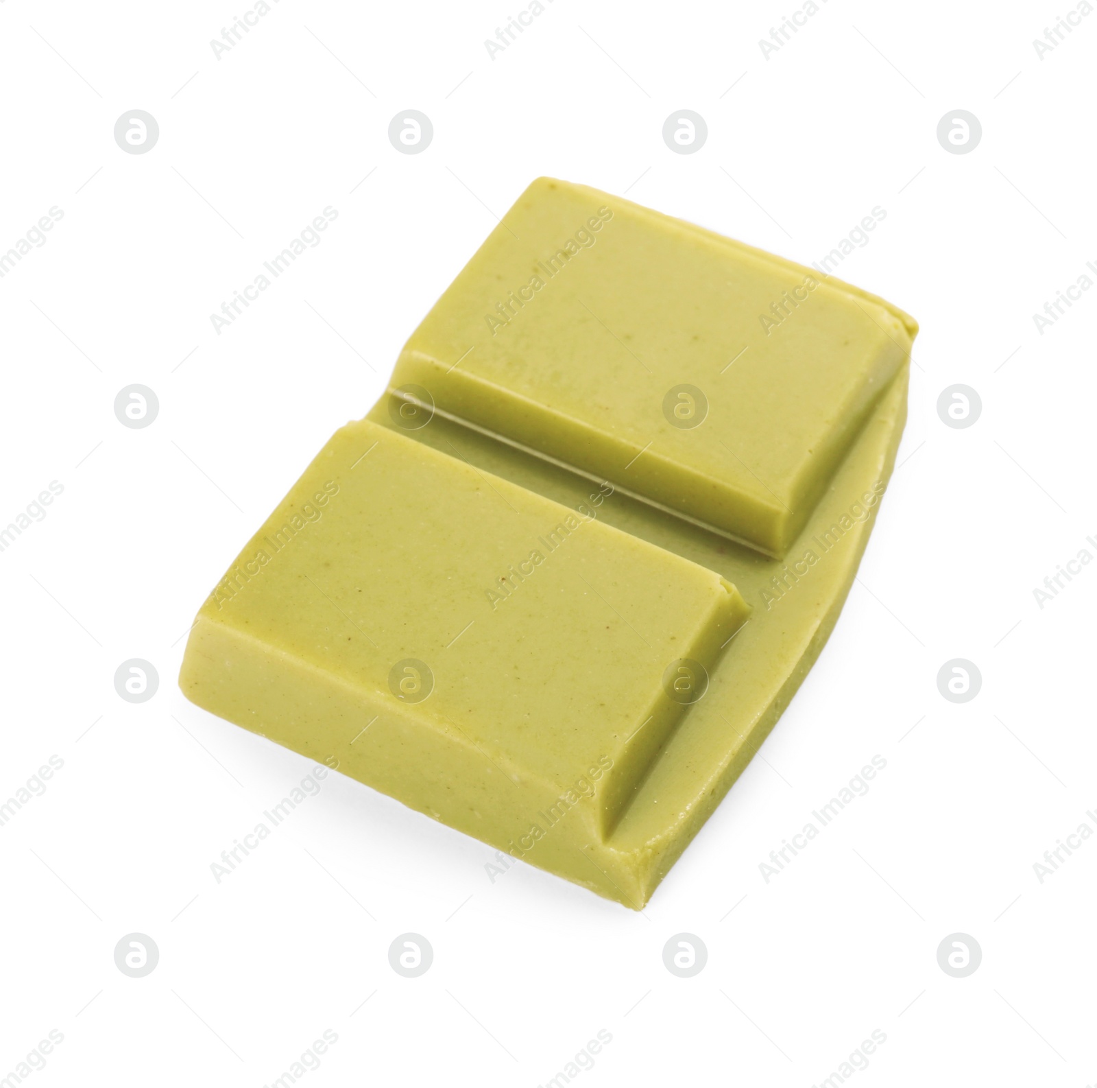 Photo of Piece of tasty matcha chocolate bar isolated on white