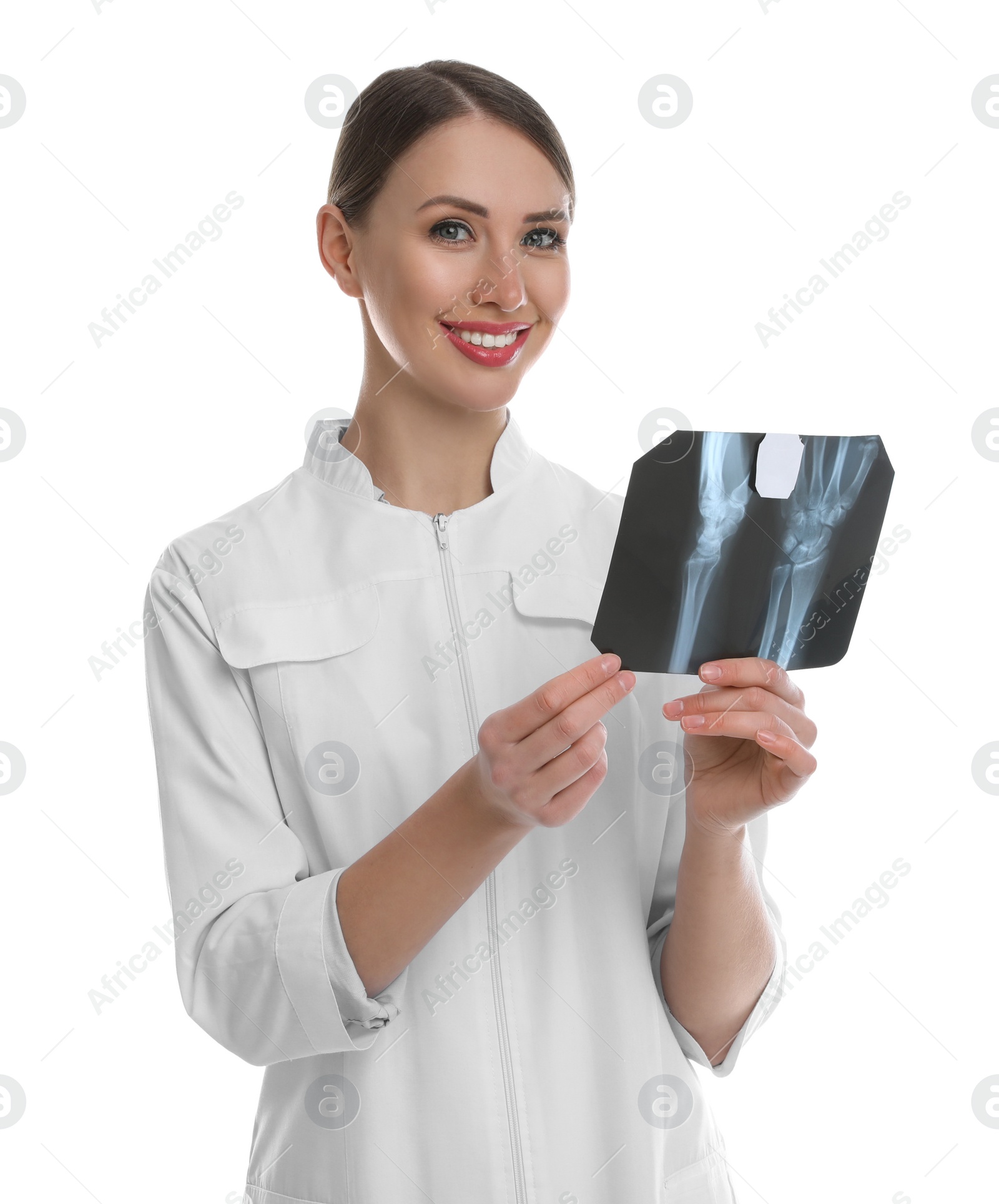 Photo of Orthopedist holding X-ray picture on white background