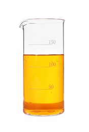 Photo of Glass beaker with orange liquid isolated on white