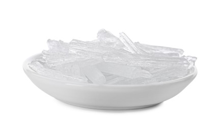 Menthol crystals in bowl on white background
