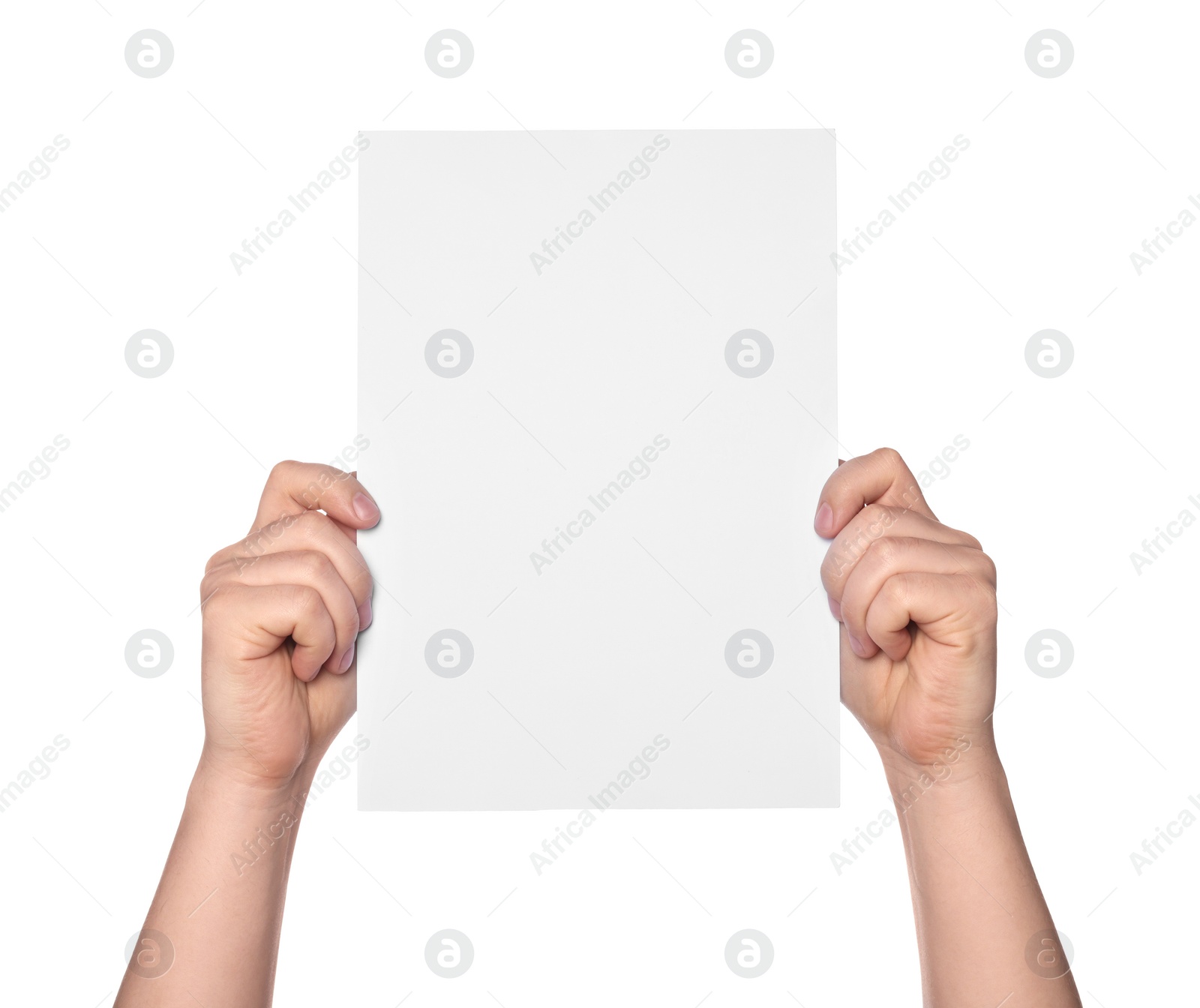 Photo of Woman holding sheet of paper on white background, closeup. Mockup for design