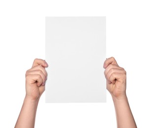 Woman holding sheet of paper on white background, closeup. Mockup for design