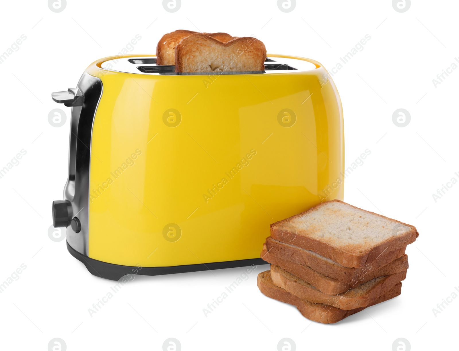 Photo of Yellow toaster with roasted bread slices on white background