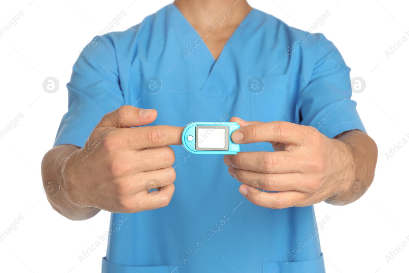 Photo of Male doctor using heart rate monitor on white background, closeup. Medical object