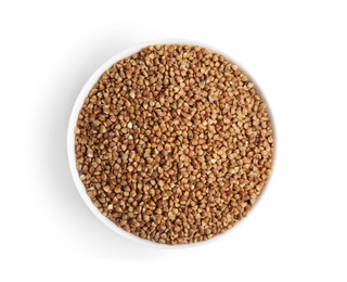 Bowl with uncooked buckwheat on white background, top view