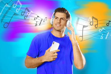 Image of Man with listening to music on color background. Bright notes illustration