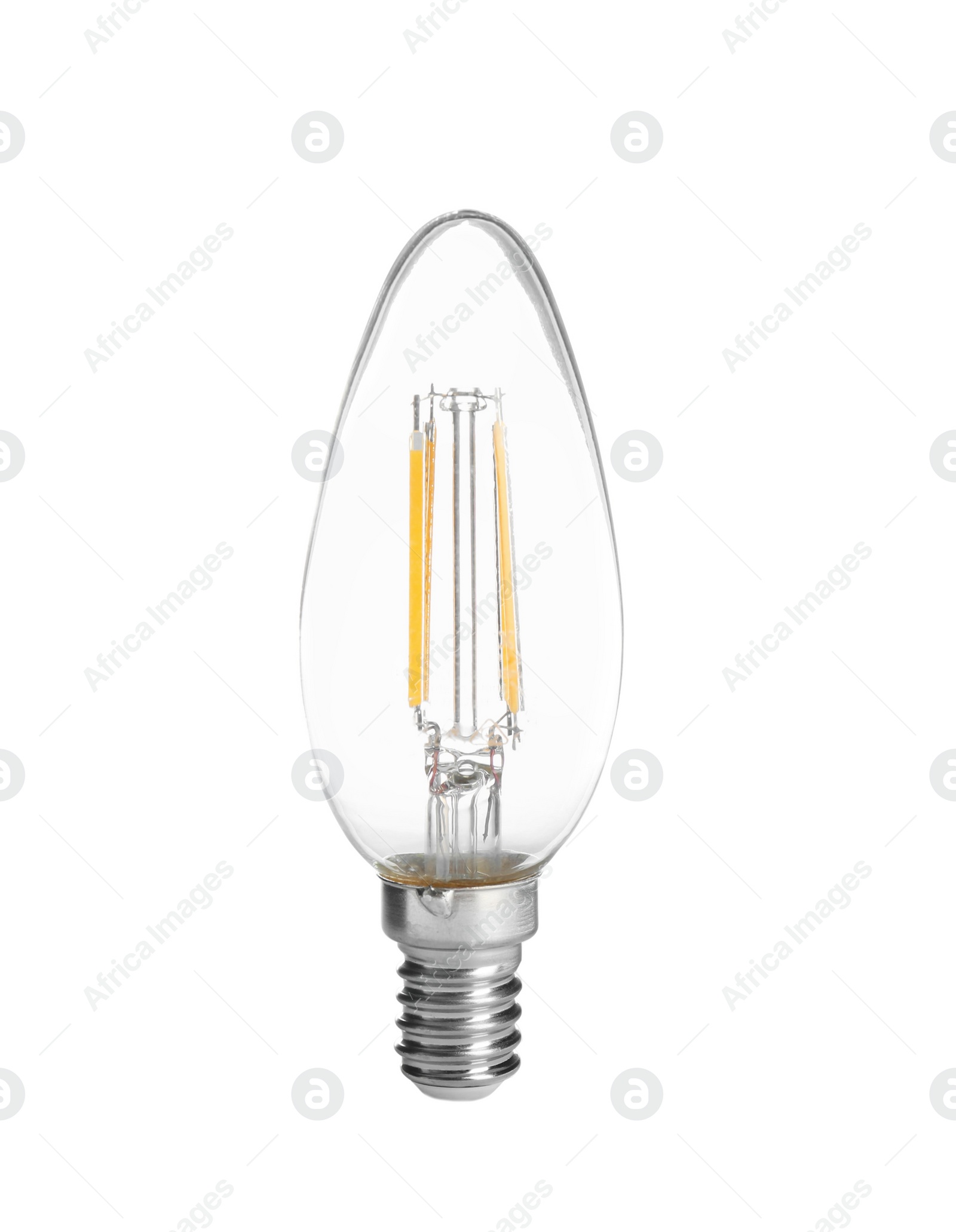 Photo of New incandescent light bulb for modern lamps on white background