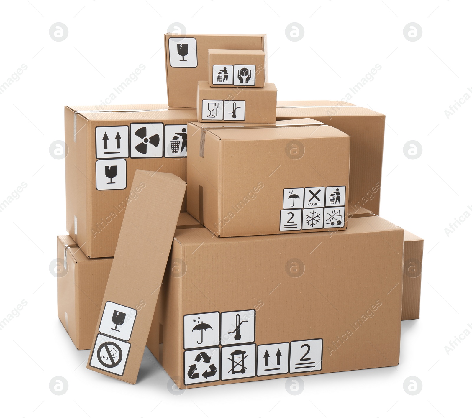 Photo of Stacks of cardboard boxes with different packaging  symbols on white background. Parcel delivery