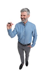 Mature businessman with marker on white background, above view