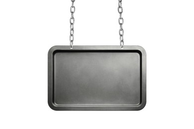 Image of One metal signboard hanging on chain against white background. Space for text