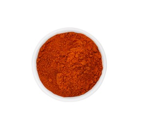 Photo of Bowl with aromatic paprika powder isolated on white, top view
