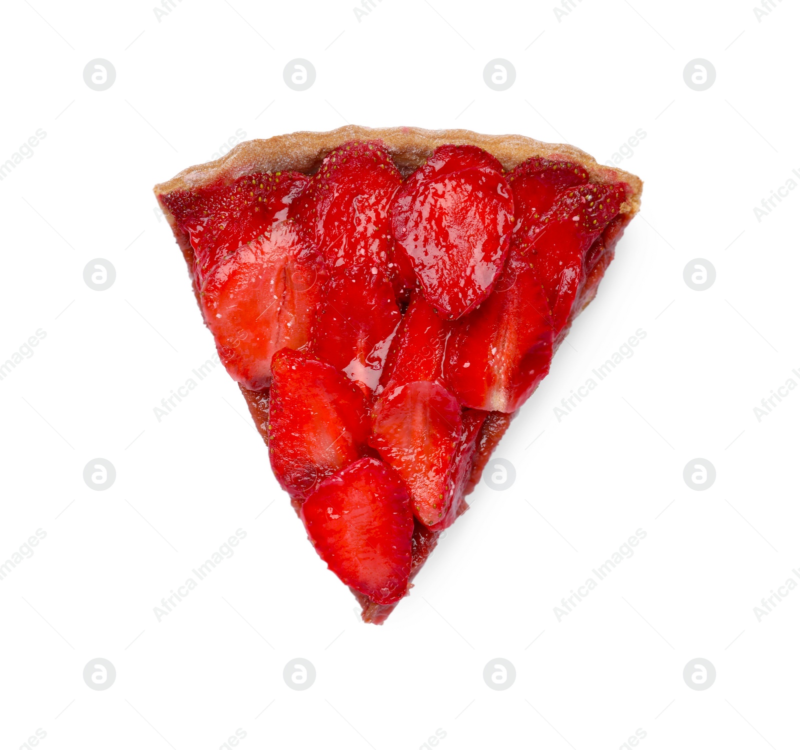 Photo of Piece of delicious strawberry tart isolated on white, top view