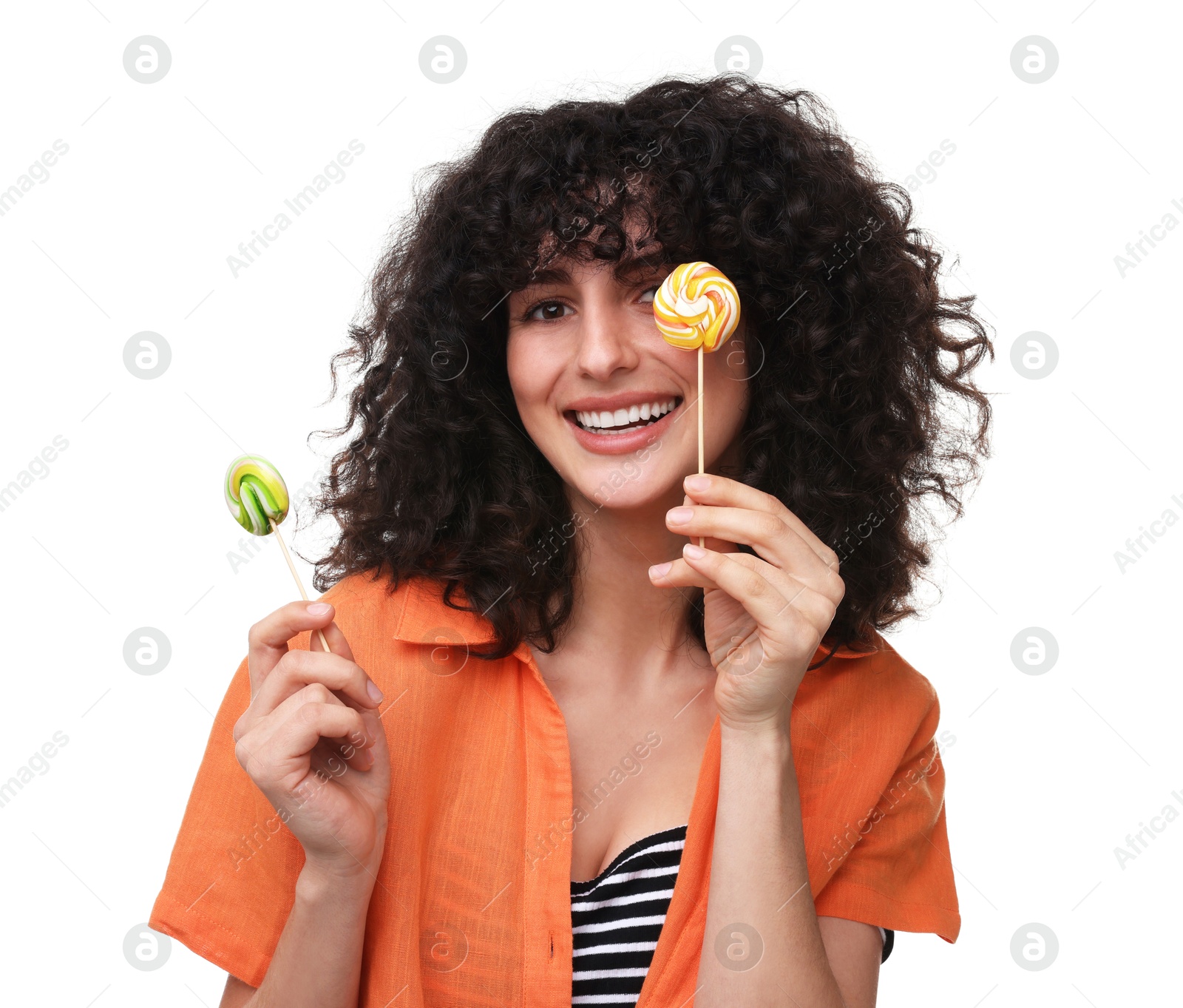 Photo of Beautiful woman with lollipops on white background