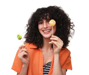 Beautiful woman with lollipops on white background