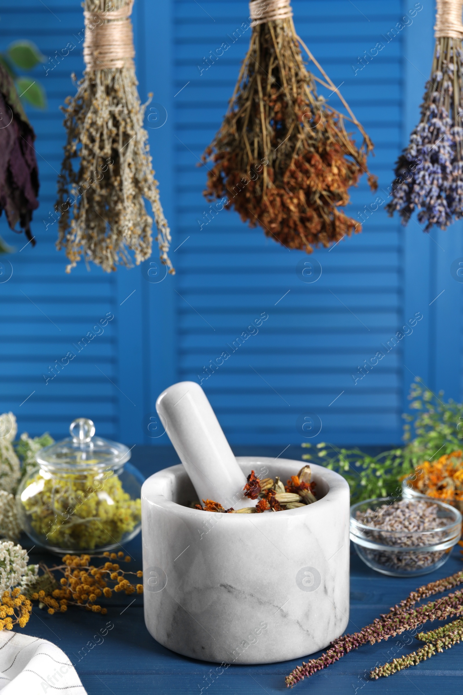 Photo of Mortar with pestle and many different herbs on blue wooden table, closeup