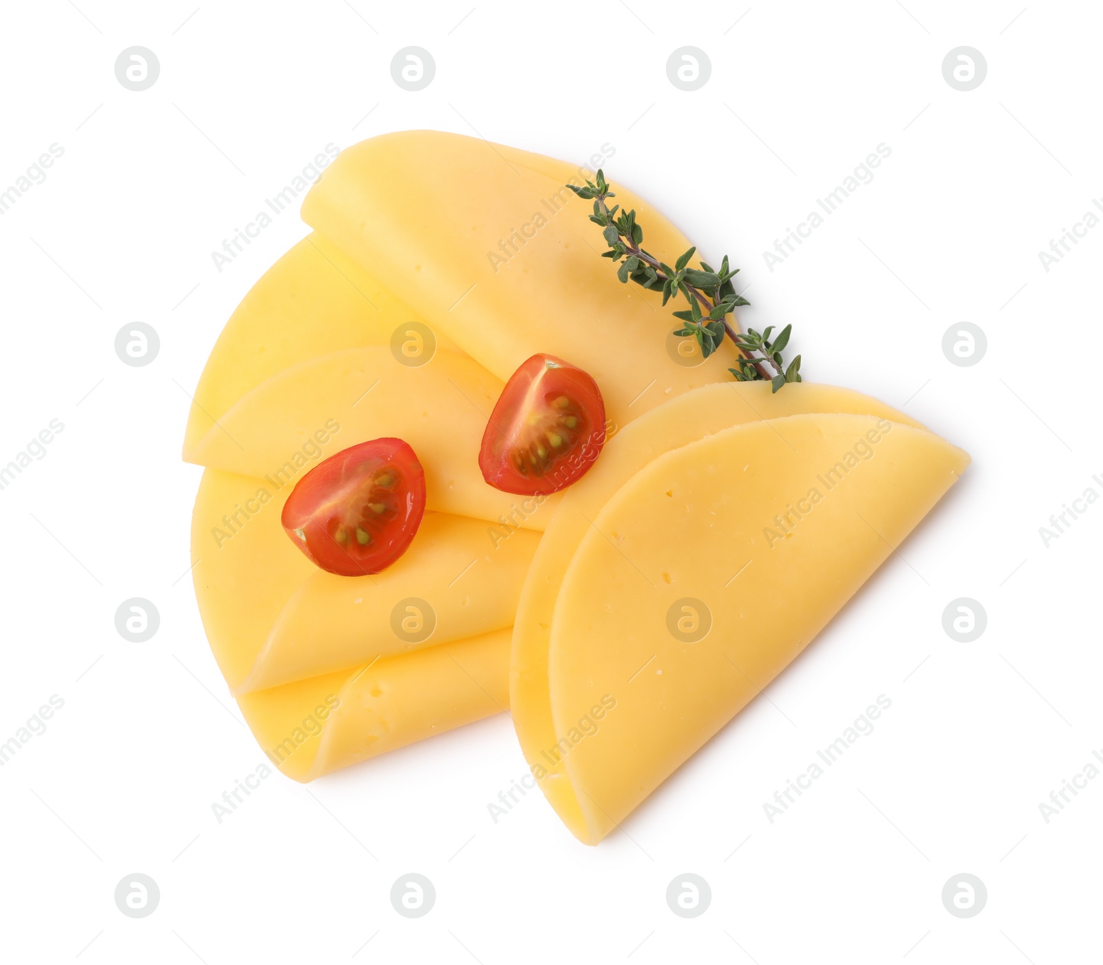 Photo of Slices of tasty fresh cheese, tomatoes and thyme isolated on white, top view