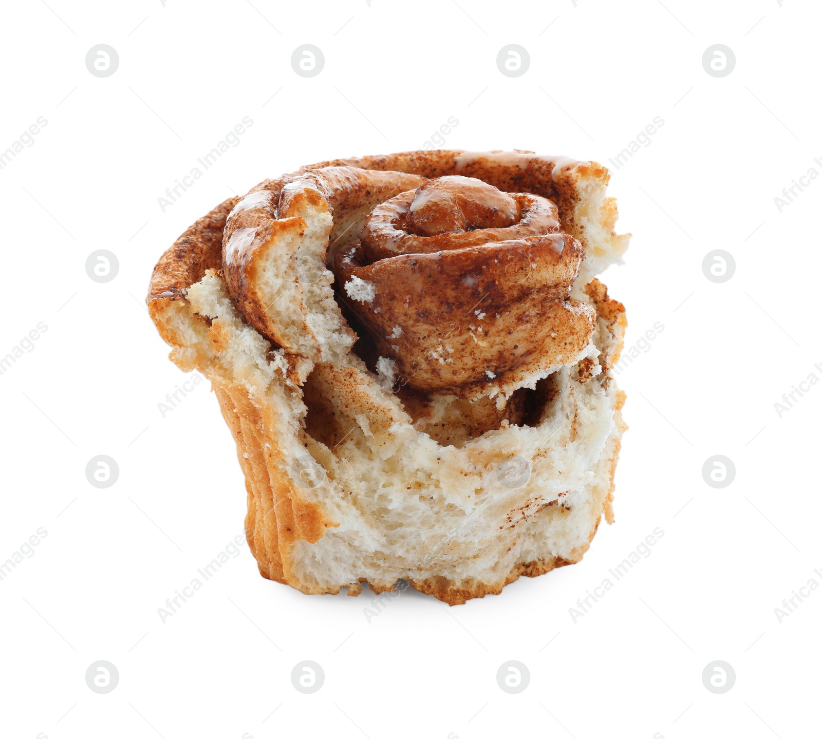 Photo of Tasty bitten cinnamon roll isolated on white