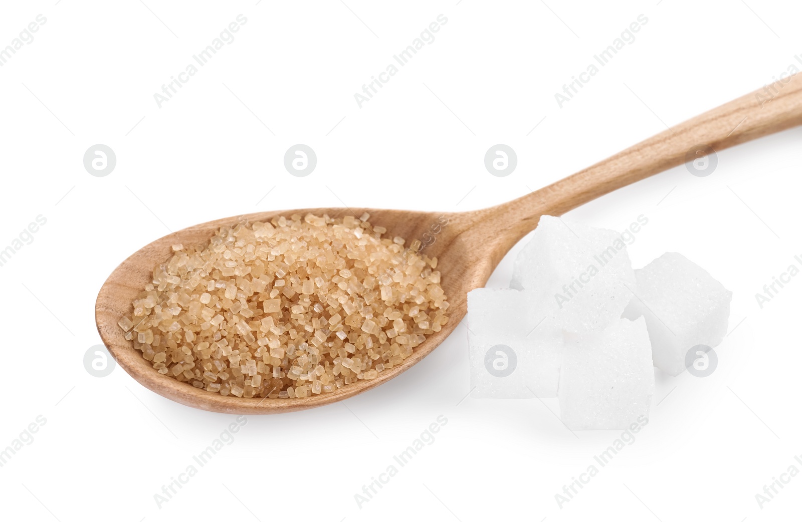 Photo of Different types of sugar and spoon isolated on white