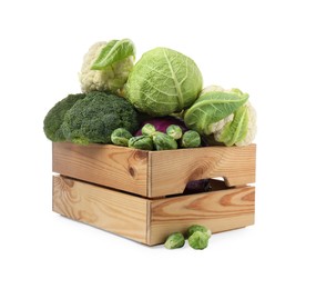 Photo of Wooden crate with different types of fresh cabbage on white background