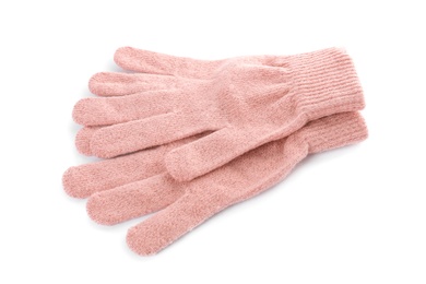 Photo of Beige woolen gloves on white background. Winter clothes