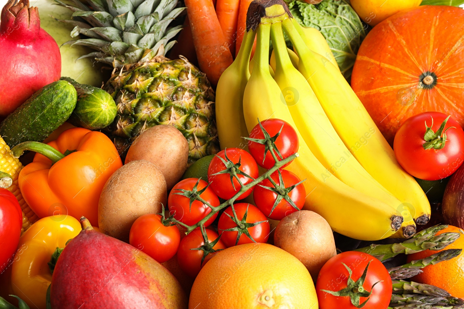 Photo of Assortment of fresh organic fruits and vegetables as background, closeup