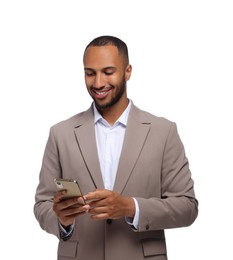 Photo of Happy man sending message via smartphone on white background