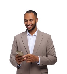 Happy man sending message via smartphone on white background