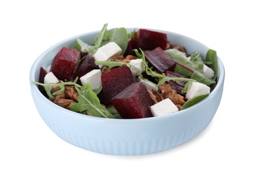 Photo of Delicious beet salad with arugula and feta cheese in bowl isolated on white