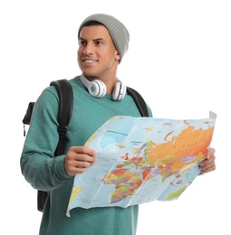 Man with map on white background. Autumn travel