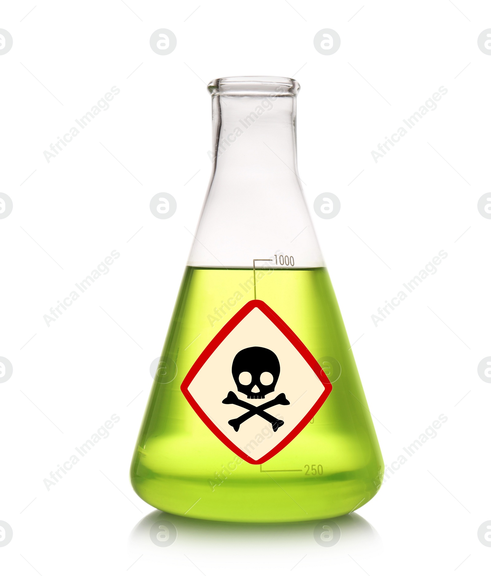 Image of Glass bottle with color toxic sample and warning sign on white background