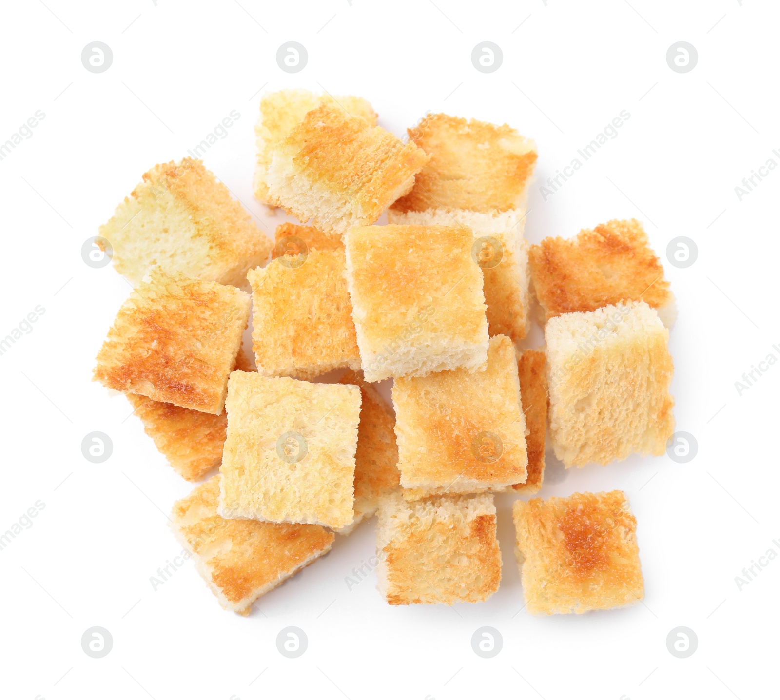 Photo of Delicious crispy croutons on white background, top view