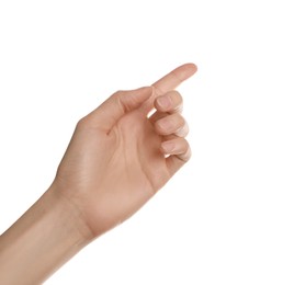 Photo of Woman pointing at something on white background, closeup