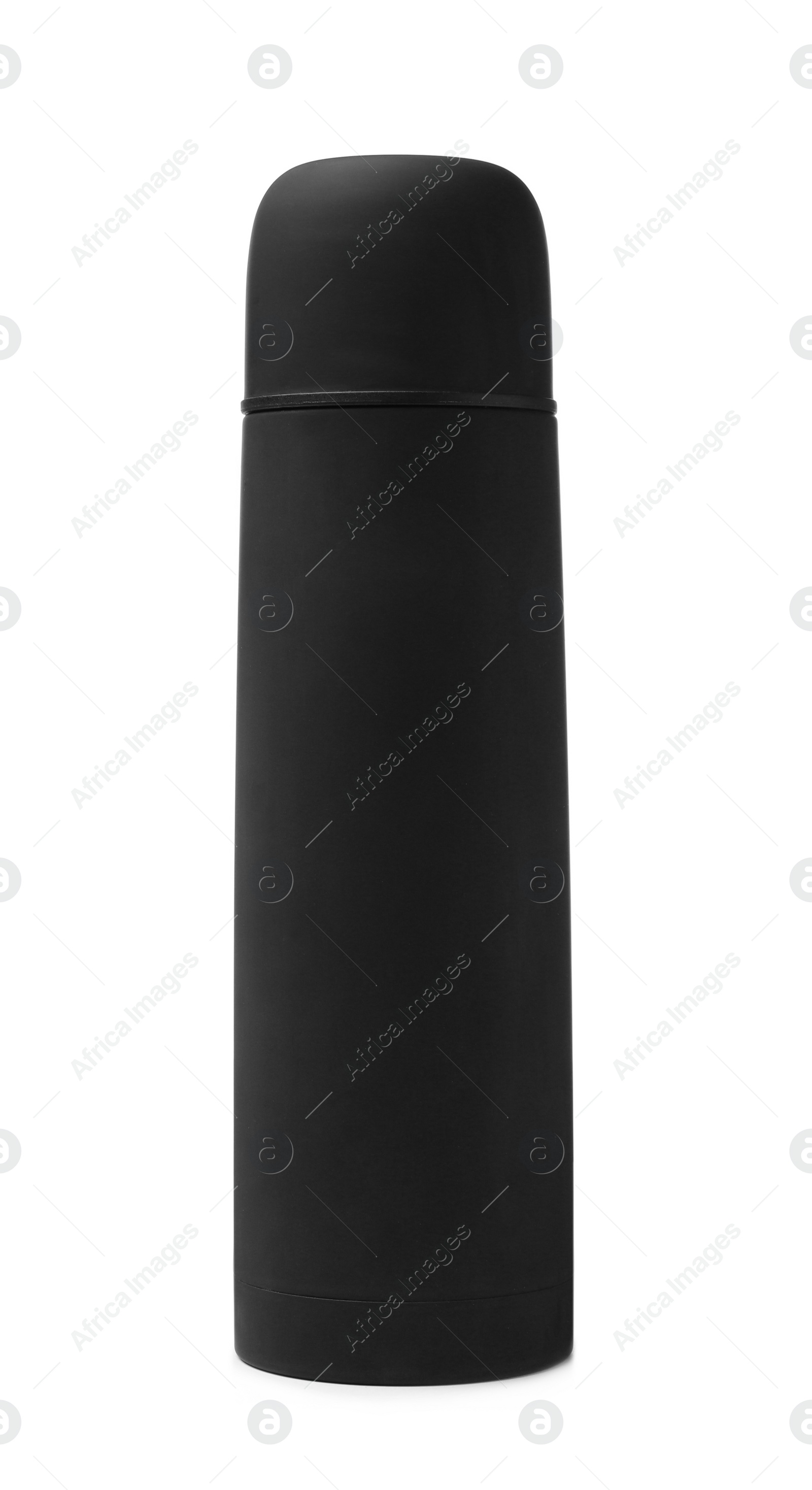 Photo of Modern black thermos isolated on white. Tourist equipment