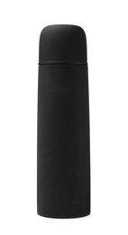 Photo of Modern black thermos isolated on white. Tourist equipment