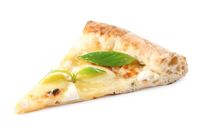 Slice of tasty cheese pizza with basil isolated on white