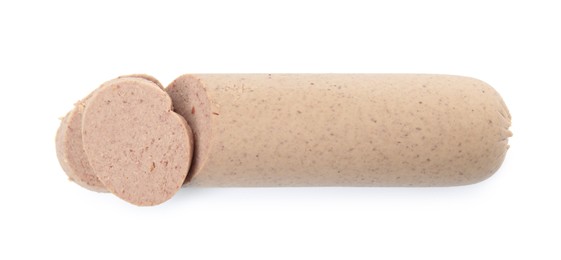 Photo of Delicious cut liverwurst on white background, top view