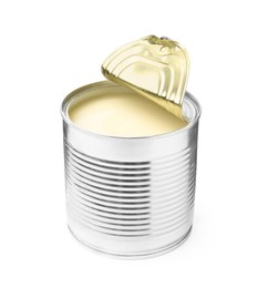 Photo of Open tin can with condensed milk isolated on white