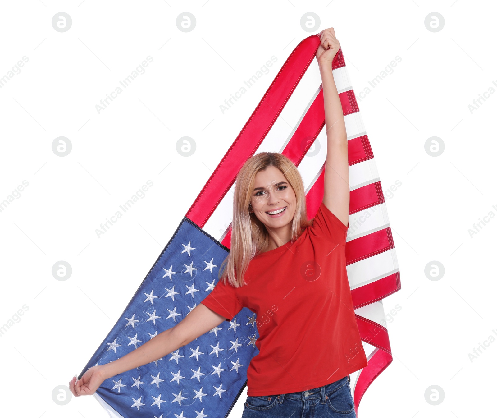 Photo of Portrait of woman with American flag on white background