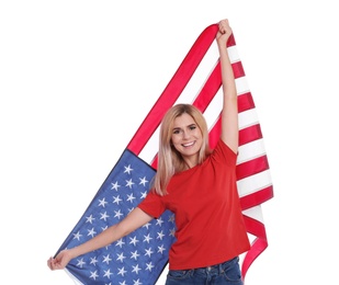 Photo of Portrait of woman with American flag on white background