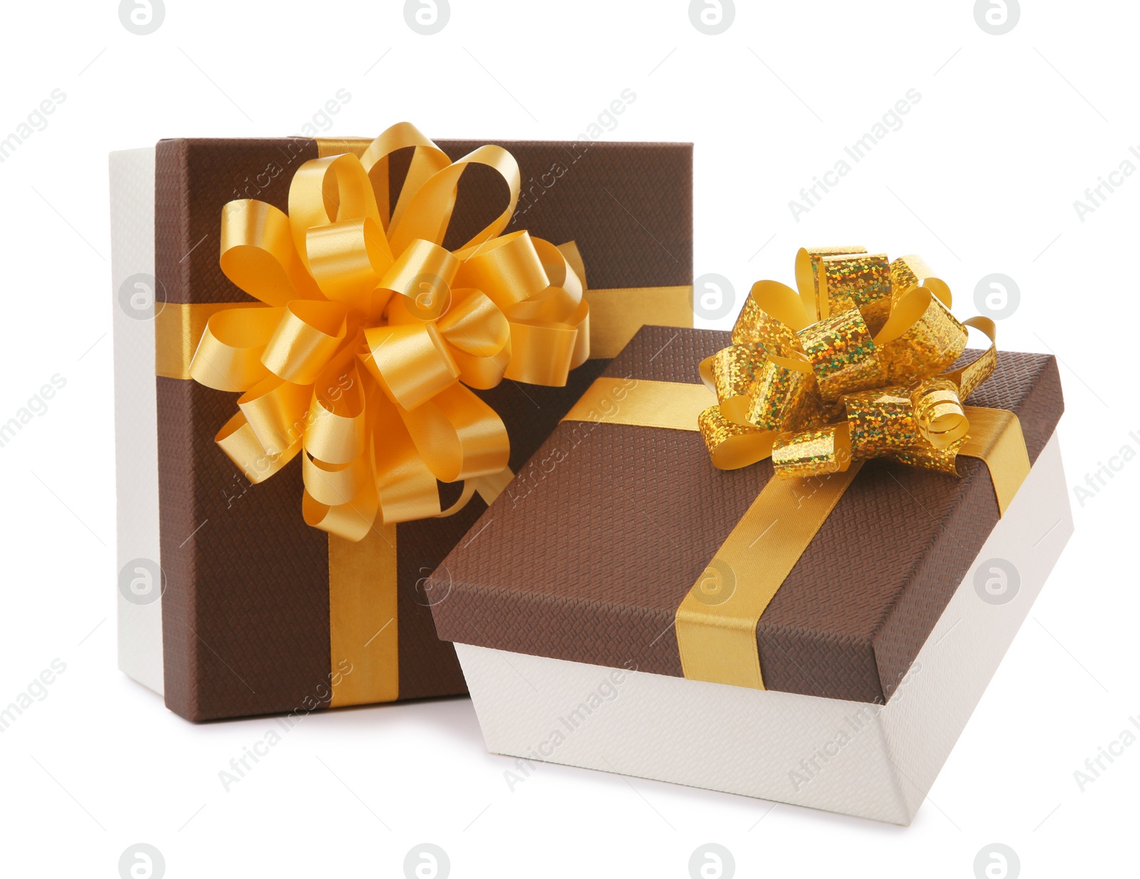 Photo of Beautiful gift boxes with bows on white background