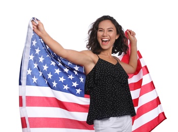 Photo of Happy young woman with American flag on white background