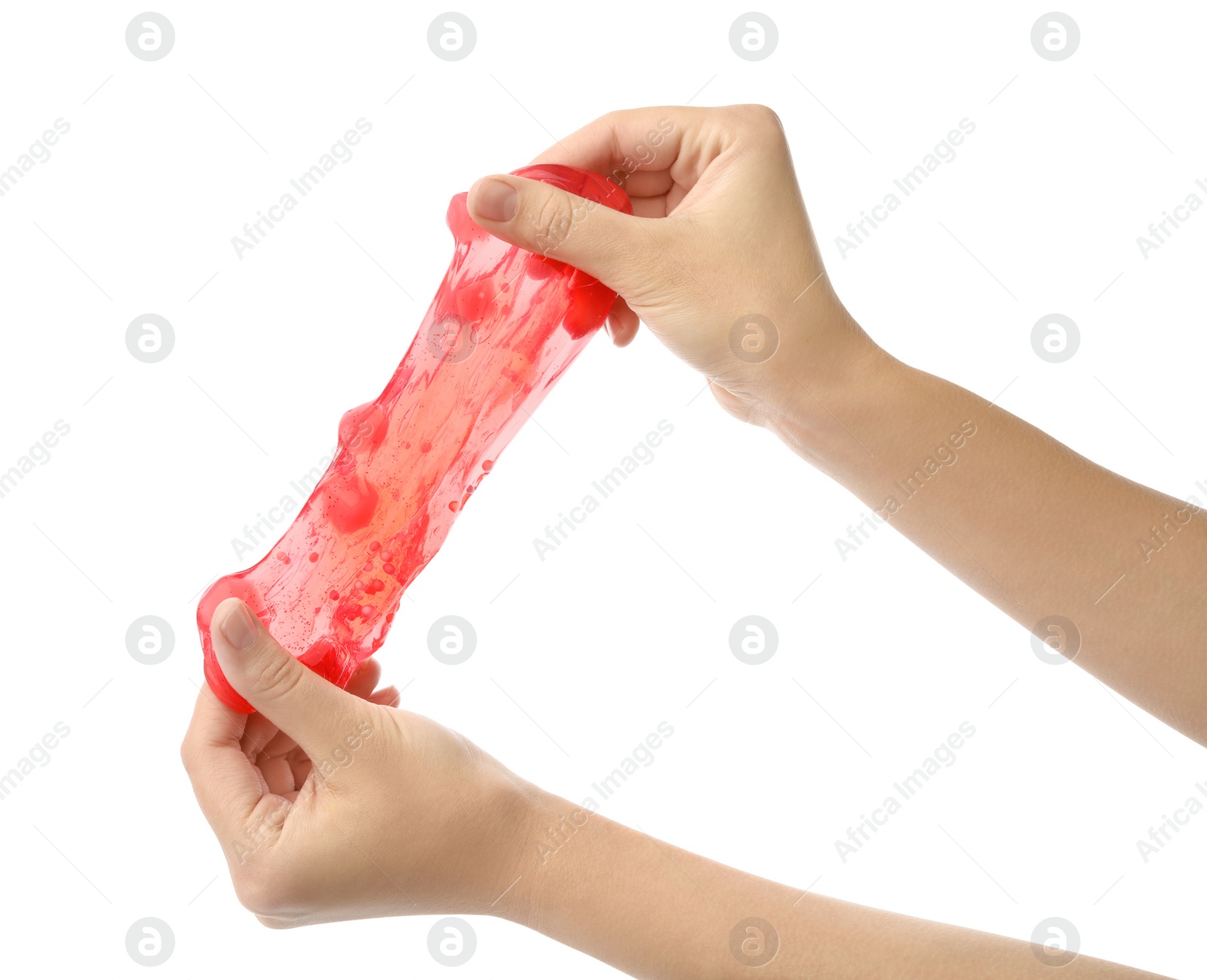 Photo of Woman playing with red slime isolated on white, closeup. Antistress toy