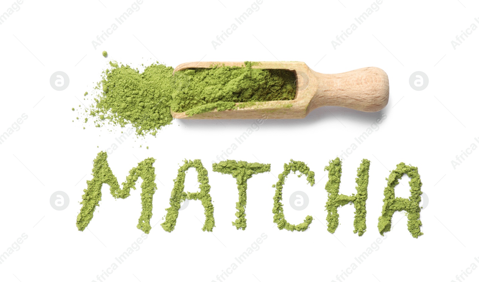 Photo of Word Matcha made of green powder and wooden scoop isolated on white, top view