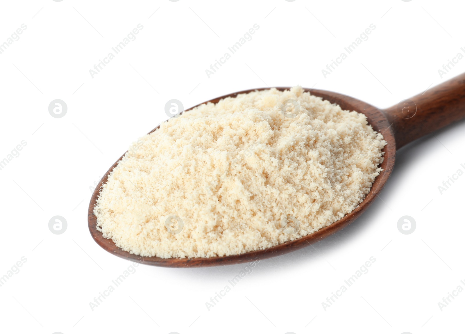 Photo of Spoon of sesame flour isolated on white