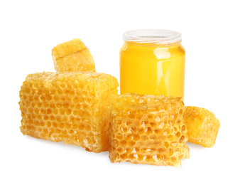 Photo of Composition with fresh honey on white background