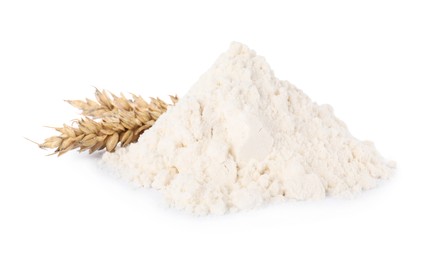 Pile of wheat flour and spikes isolated on white