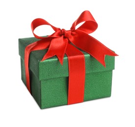 Photo of Christmas gift. Box with red ribbon bow on white background