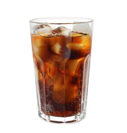 Glass of refreshing soda drink with ice cubes isolated on white