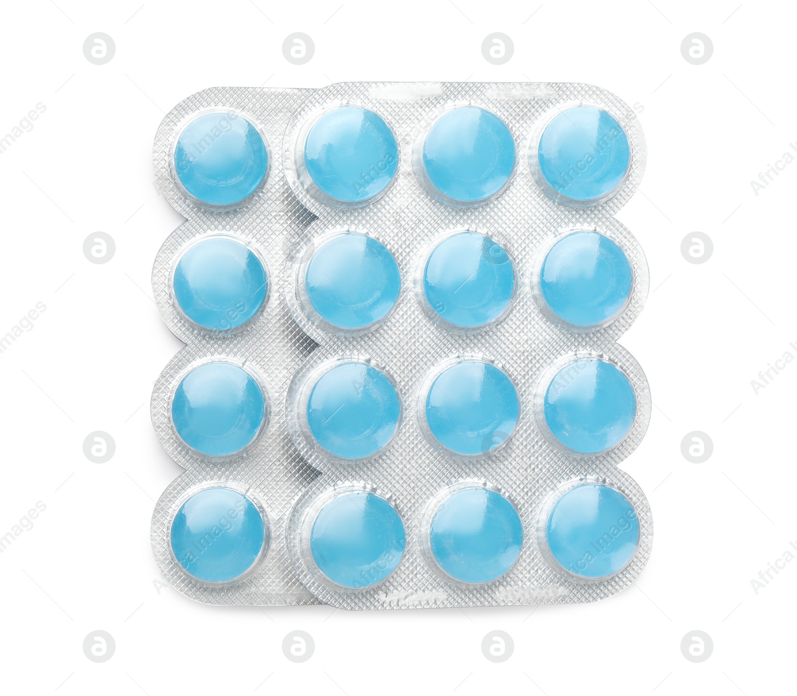 Photo of Blisters with blue cough drops on white background, top view